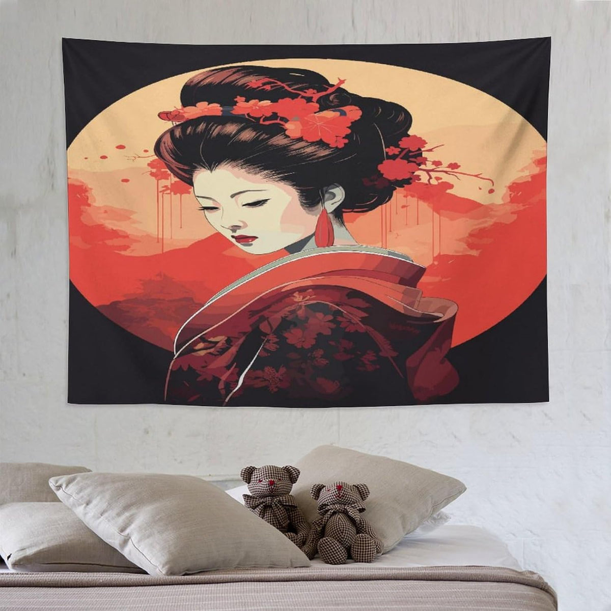 Japanese Woman Geisha Tapestry Asian Cherry Blossom Red Sun Traditional Kimono Folk Tapestries Home Decor for Living Room Bedroom Apartment Farmhouse Dorm 80"x60"