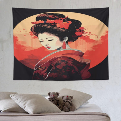 Japanese Woman Geisha Tapestry Asian Cherry Blossom Red Sun Traditional Kimono Folk Tapestries Home Decor for Living Room Bedroom Apartment Farmhouse Dorm 80"x60"
