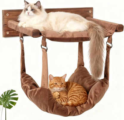 JSPYFITS Wooden Cat Furniture Wall Mounted, Double Layer Hammock, Large Size 18.9″ Removable Multi-Function Cat Bed for Sleep/Play/Climb, Kitten Window Perch, Easy DIY Installation(Brown)