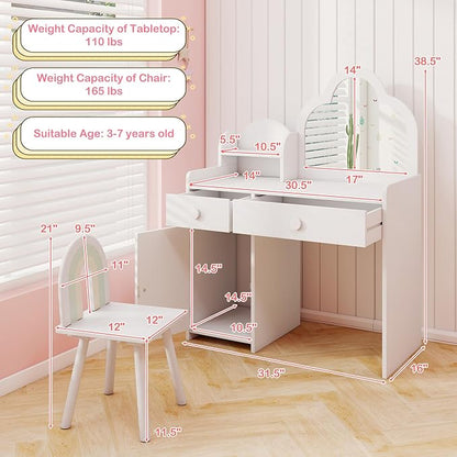 HONEY JOY Kids Vanity, Cloud Shape Wooden Girls Vanity Set with Mirror and Stool, Drawers, Storage Cabinet, Toddler Makeup Desk Dressing Table, Pretend Play Kids Vanity Table and Chair Set (White)