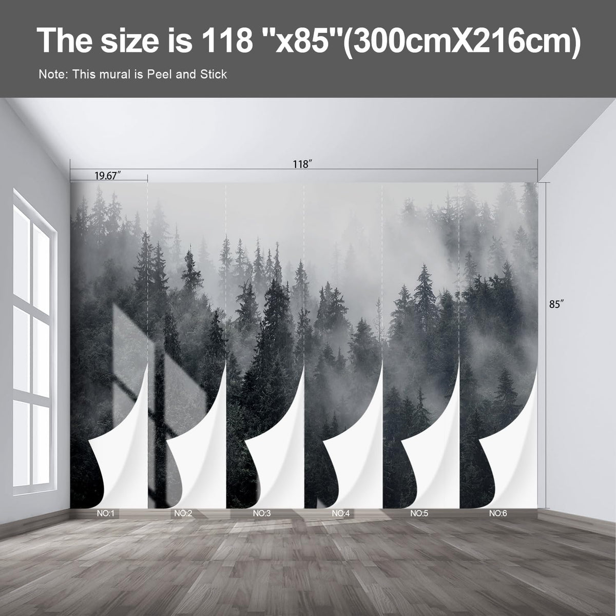 Misty Forest Landscape Wall murals Woodland Tree Peel and Stick Wallpaper for Bedroom Living Room - 85"x118"