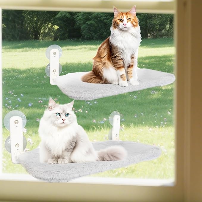 2 PCS Cat Window Perch (Medium 20.4''×11.8'') - Machine Washable Cover, 4 Large Suction Cups, Solid Metal Frame - Cordless Foldable Hammock for Indoor Cats (2×Grey)