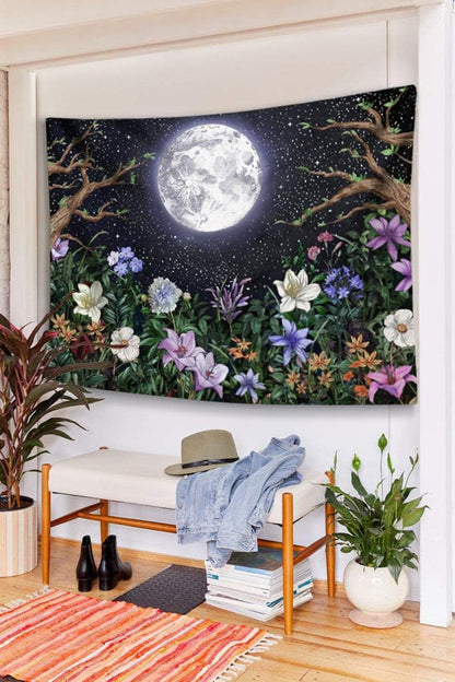Neasow Aesthetic Moon Garden Tapestry Wall Hanging, Night Landscape with Colorful Plants Floral Tapestries for Bedroom Home Decor Multi Color 36×48 inch (90cm×120cm)
