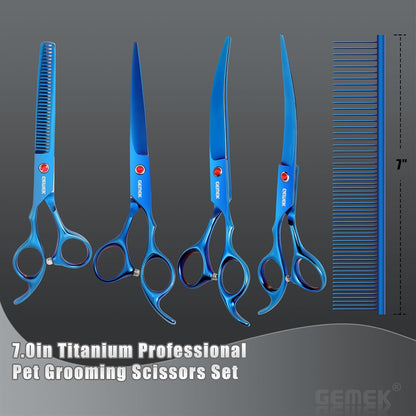 7.0in Titanium Professional Pet Grooming Scissors Set, GEMEK 6 in 1 Straight & Thinning & Upwards Curved & Downwards Curved Scissors & Comb for Dogs, Cats (Blue)