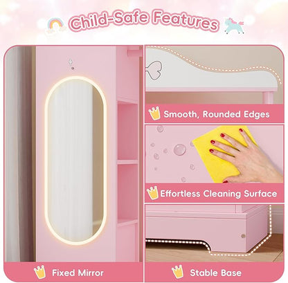 Xilingol Kids Armoire with a Jewelry Cabinet, Princess Dress Up Closet with Mirror, Kids Wardrobe Closet with Storage Shelves, Armoire Costume Organizer for Bedroom, Kids Room, Girl (Pink)