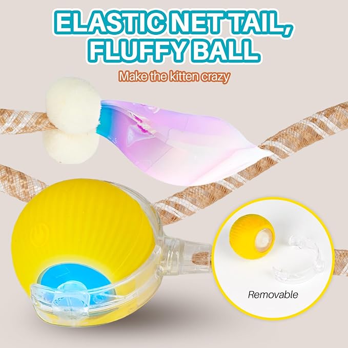 Interactive cat Toy cat Toys for Indoor Cats Agile Moving Cat Ball with Elastic Mesh Tail Automatic Kitten Toys Motion Activated Ball (Yellow)