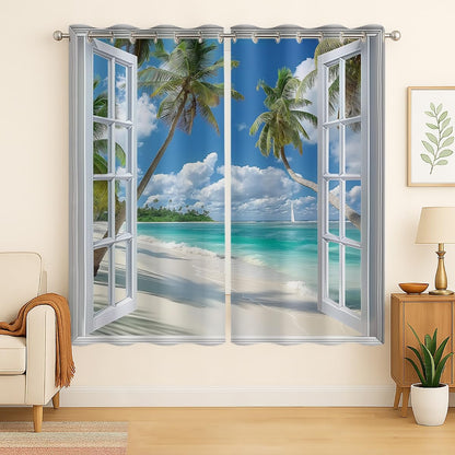 Beach Blackout Curtains for Girls Boys Teens Home Decor, Tropical Summer Scene Ocean Island Palm Tree Grommet Thermal Insulated Drapes Darkening Window Curtain for Bedroom Living Room, 84 x 84 Inch