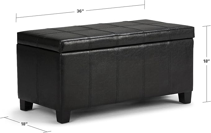 SIMPLIHOME Dover 36 inch Wide Contemporary Rectangle Storage Ottoman Bench in Midnight Black Vegan Faux Leather, Assembled, for the Living Room, Entryway and Family Room