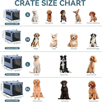 PETSFIT 26" Soft Portable Dog Crate – Patented Spiral Sturdy Frame, Collapsible Travel Kennel for Small Dogs, 3 Mesh Door, Lockable Zippers, Indoor & Car Use Blue