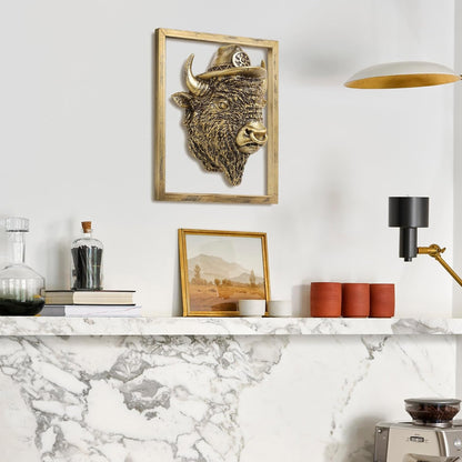 Animal Heads Wall Decor (Includes Metal Frame) Resin Animals Sculptures Head Wall Hanging Decoration Gold vintage Wall Sculpture for Living Room Bedroom Office (American Bison)