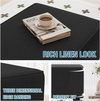 H.VERSAILTEX Ottoman Cover Rectangle Fit Length 49"-50" Footrest Linen Look Ottoman Slipcovers Thick Ottoman Covers Slipcover Rectangle Slipcovers for Ottomans Sturdy Foot Stool Cover - Heather Black