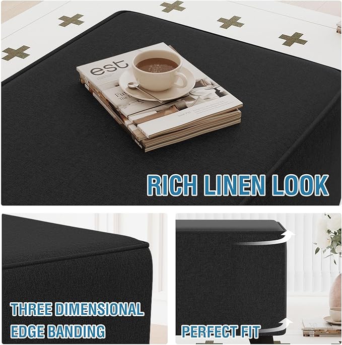 H.VERSAILTEX Square Ottoman Cover Fit Length 36"-37" Footrest Durable Linen Look Fabric Ottoman Slipcover Thick Footrest Stool Covers for Oversized Square Ottoman Removable Washable - Heather Black