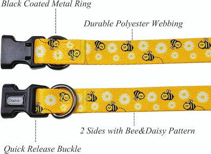 Dog Collar Leash Set, Floral Pattern, Polyester Material, Adjustable Collar and 5ft Matching Leash, for Puppy Dogs.(XS, Bee Daisy)