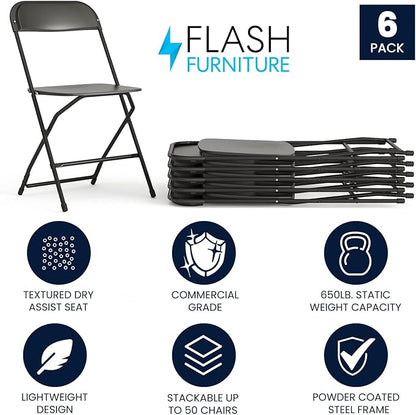 Flash Furniture Hercules Series Plastic Folding Chairs for Parties and Weddings, Stackable Commercial Event Seats with 650-lb. Static Weight Capacity, Set of 6, Black