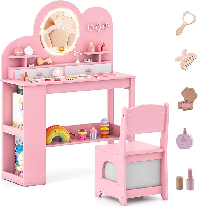 Costzon Kids Vanity, Girls Vanity Set with Lighted Mirror, Bookshelf, Drawers, Hooks & Storage Shelves, Toddler Makeup Vanity Desk Dressing Table, Wooden Kids Vanity Table and Chair Set (Pink)