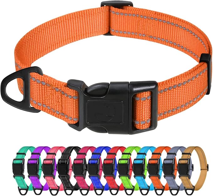 TagME Reflective Nylon Dog Collars, Adjustable Classic Pet Collar with Quick Release Buckle for Large Dogs, Orange, 1.0" Width