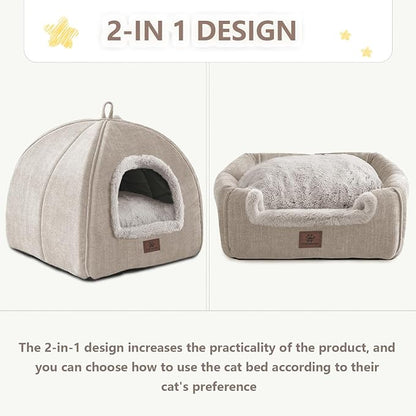 WINDRACING Cat Bed for Indoor Cats - Cat Cave Cat House Cats Tent with Removable Washable Cushioned Pillow, Soft and Self Kitten beds (Large, Beige)
