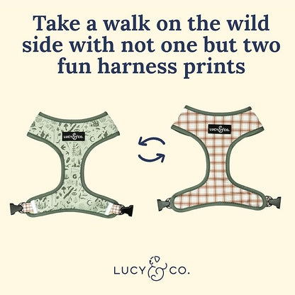 Lucy & Co. Reversible Dog Harness - Water-Repellent Neoprene, Dual-Print Design, Easy Swap Style, Adjustable Comfort Fit - Camp Out Reversible Harness - Small