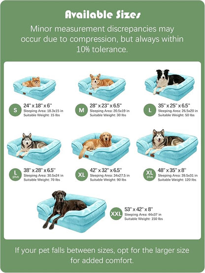 Spotted Play Orthopedic Dog Bed with Sides - Sofa Beds for Large Dogs, Supportive Foam Pet Couch Bed with Washable Removable Cover, Waterproof Lining and Non-Slip Bottom, Ice Blue - L-Plus