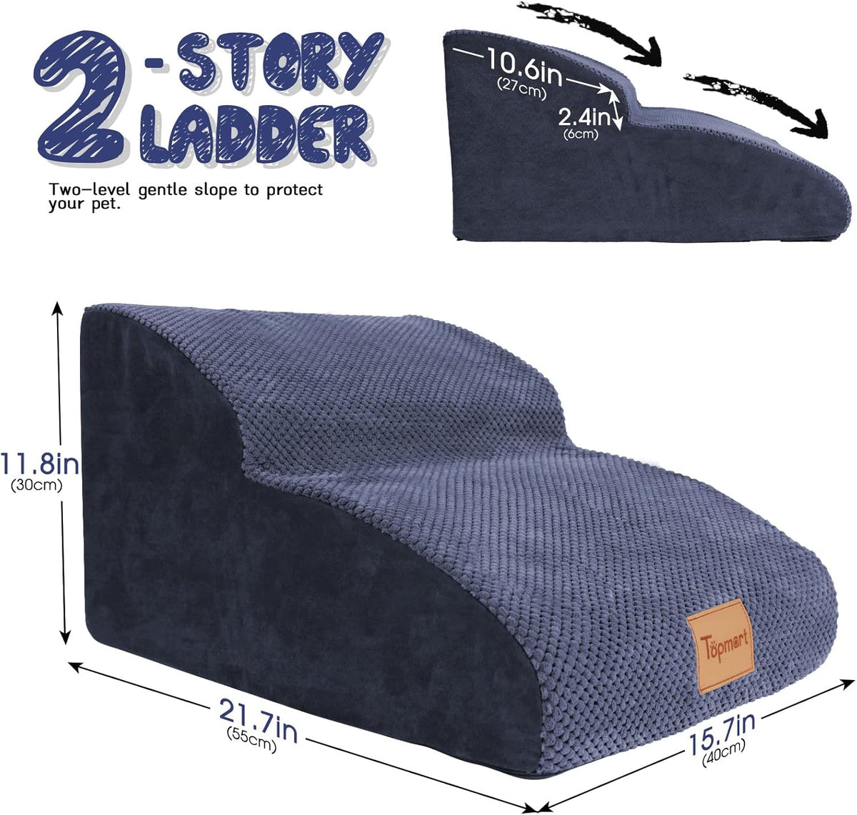 Topmart High Density Extended Foam Dog Ramp&Steps 2 Tiers,11.8" High,Non-Slip Dog Stairs,Soft Foam Pet Ladder with Waterproof Cover,Best for Injured,Older Cats,Pets with Joint Pain