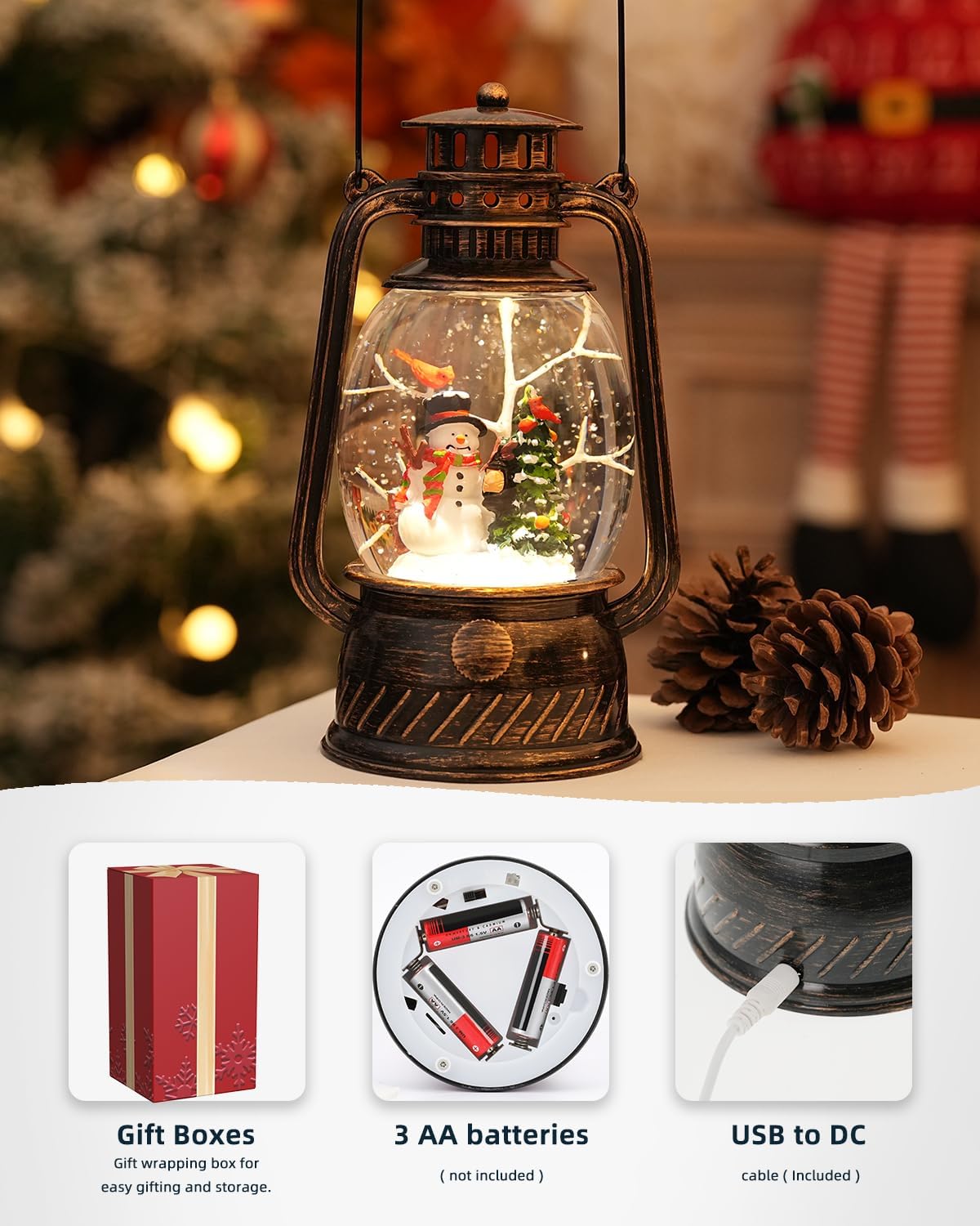 Snow Globe Christmas Decorations - Musical Christmas Snow Globes with 6H Timer,Snowman Cardinal Christmas Tree Scene Snow Globes Lantern USB or Battery Powered,Christmas Decorations Decor for Home