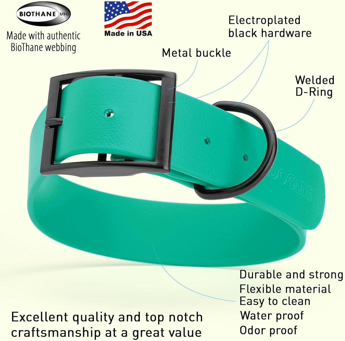 Dogline Biothane Waterproof Dog Collar Strong Coated Nylon Webbing with Black Hardware Odor- Proof for Easy Care Easy to Clean High Performance Fits Small Medium or Large Dogs, Teal