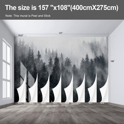 Misty Forest Landscape Wall murals Woodland Tree Peel and Stick Wallpaper for Bedroom Living Room - 108"x157"