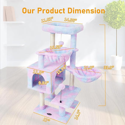 KIYUMI Cat Tree Cat Tower Condo with Sisal Scratching Post for Indoor Cats Cat Tree Cat Furniture with Hammock Perch and Kitten Ball Toys, Multi-Level Pet Activity Center Rainbow