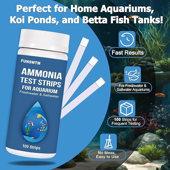 Ammonia Test Strips for Fish Tank: 100 Count Aquarium Ammonia Test Strips for Saltwater & Freshwater Aquariums & Ponds – Ammonia Test Kit with Test Tube Thermometer Stick