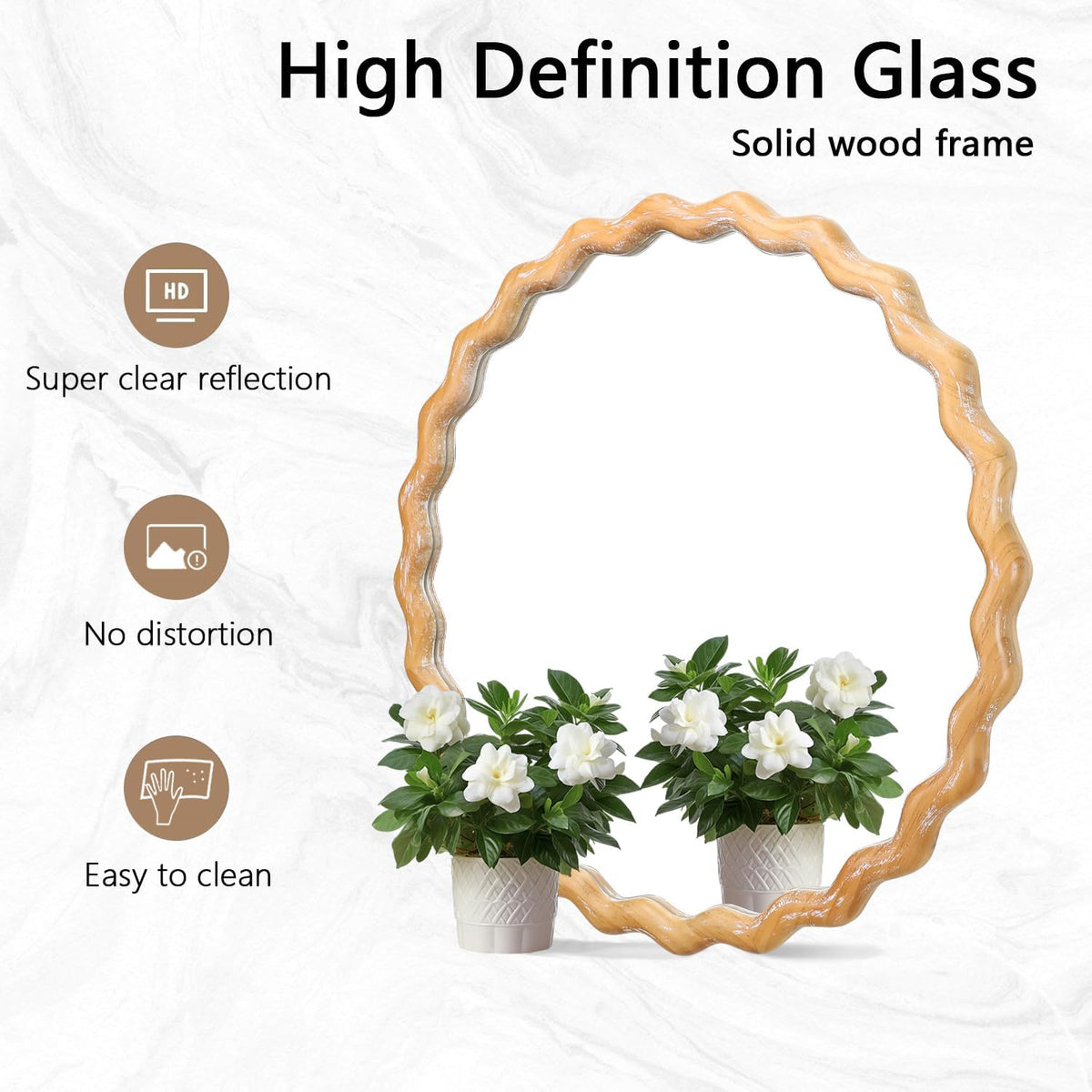 Wavy Mirror 27.5x27.5 Inch, Decorative Bathroom Mirror with Natural Wood Frame, Entry Way Mirrors for Wall, Shatterproof Glass, Mirrors for Wall Decor