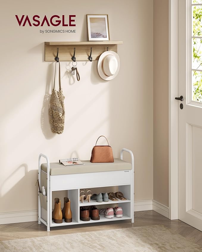VASAGLE Shoe Bench, Shoe Rack, Entryway Furniture, Inner Storage Under The Lid, PU Pockets, Convenient Handles, for Entryway, Living Room, Bedroom, Cloud White and Cuppuccino Beige ULSB052W01