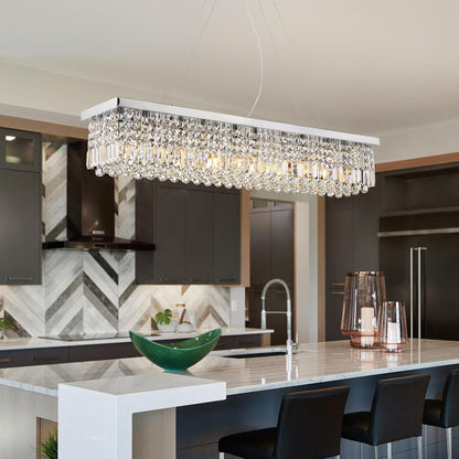 Siljoy Modern Rectangular Crystal Chandelier, 47" Rectangle Raindrop Hanging Ceiling Pendant Light Fixture Adjustable Height for Kitchen Island Dining Room, Polished Chrome Finish, L47 x W10 x H10