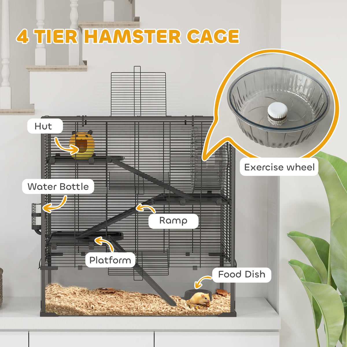 4 Tier Hamster Cage with Deep Tempered Glass Bottom, Running Wheel, Hut, Water Bottle, Food Dish, 31" x 19" x 31.5"