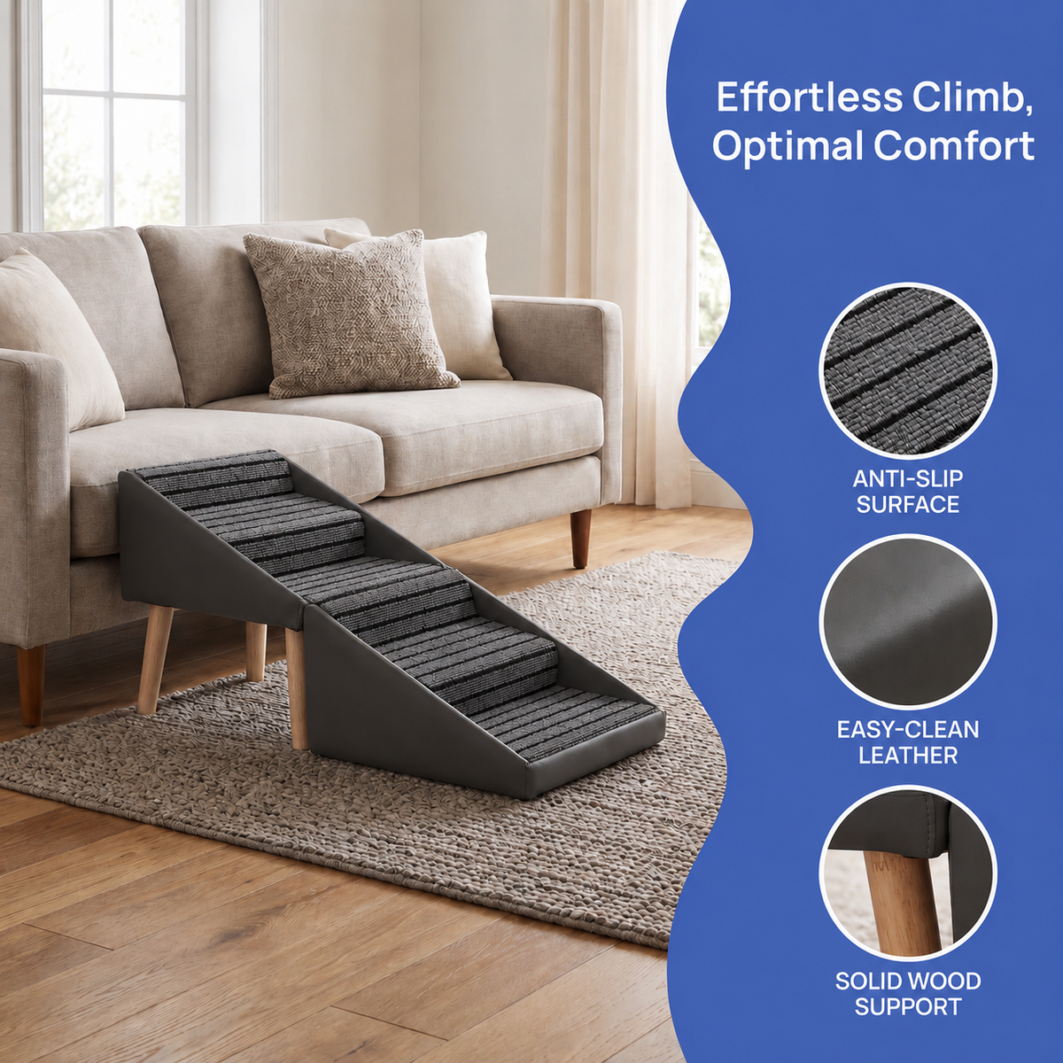 2-in-1 Dog Stairs for Bed and Couch 19.69" Foldable Dog Ramp for Couch 4 Pet Steps  & Ottoman for Small Dogs, Grey