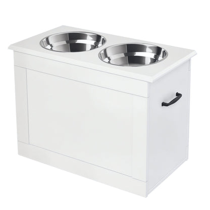 Raised Pet Feeding Storage Station with 2 Stainless Steel Bowls Base for Large Dogs and Other Large Pets, White