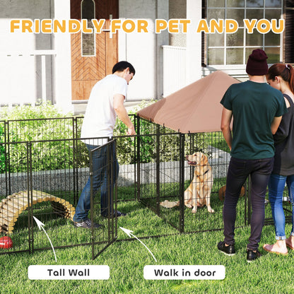 Large Outdoor Dog Kennel with Rotating & Adjustable Height Bowls, Waterproof & UV-Resistant Canopy, 11.3' x 4.7' x 5.1'