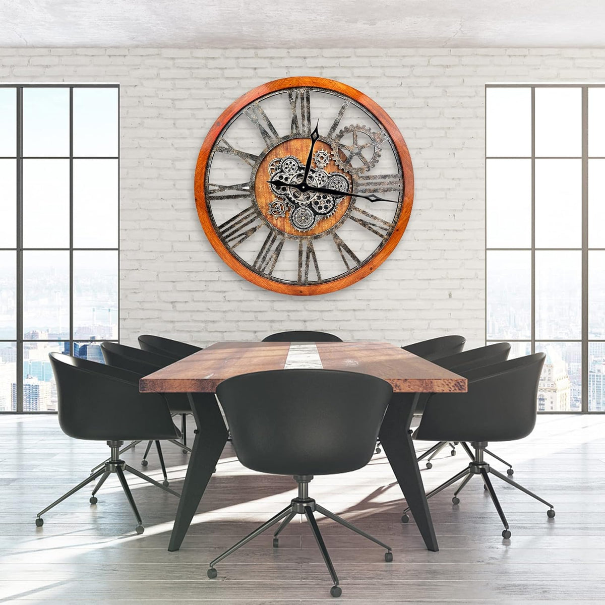 The B-Style 36" Large Moving Gear Wall Clock Oversized Vintage Farmhouse Wall Clocks for Living Room Decor Rustic Industrial Wood Clock (Brwon with Bronze Gears)