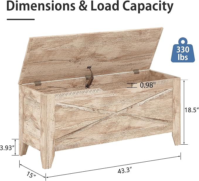 VECELO 43.3" Storage Bench, Entryway Shoe Ottoman, Farmhouse Style Bench with Handwoven Cushion and Metal Safety Hinges for Bedroom, Living Room, Entryway, Wood
