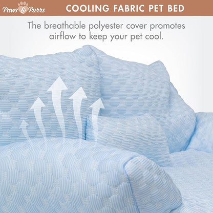Paws & Purrs Cooling Pet Sofa Bed for Small Dogs or Cats, Breathable Fabric, Supportive Bolsters, Removable Washable Cover, Non-Slip Base, Sofa Pet Lounger Includes Mini Play Cushion, Blue