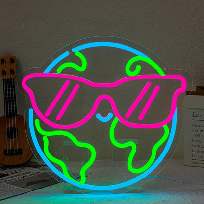 Earth Neon Sign Sunglasses Neon Light for Wall Decor Planet Neon Light Colorful LED Neon sign USB Powered LED Light Up Sign for Bedroom Kids Room Classroom Decoration
