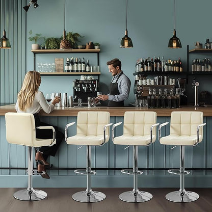 Yaheetech Bart Stools Set of 4, PU Leather Adjustable Barstools with Armrest, Counter Height Stool Chairs with Thickened Seat Cushion for Kitchen Island, Beige