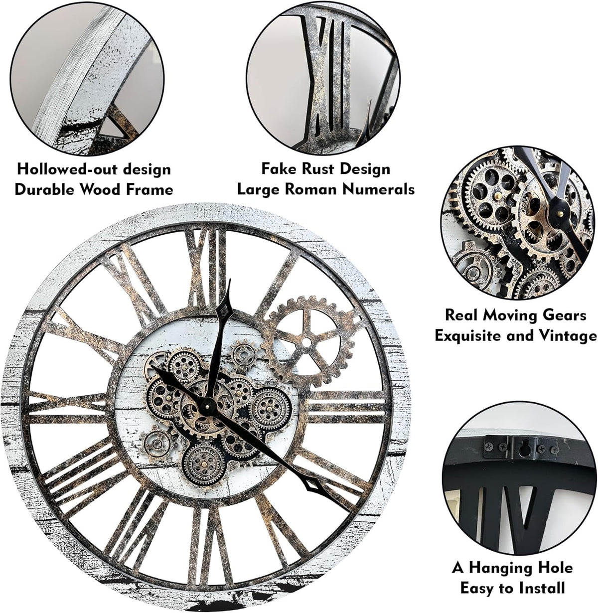 The B-Style 36" Large Moving Gear Wall Clock Oversized Vintage Farmhouse Wall Clocks for Living Room Decor Rustic Industrial Wood Clock (Gray White and Bronze Gears)