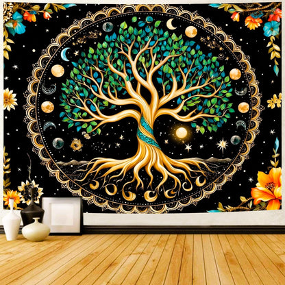 Delur Tree of Life Tapestry Moon Phase Nature Flower Plant Tapestry Wall Hanging Boho Mandala Spiritual Sun Aesthetic Psychedelic Headboard for Bedroom Living Room Home Decor (51.2" x 59.1")