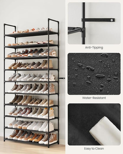 SONGMICS Shoe Rack, 10-Tier Shoe Shelf, Shoe Storage Organizer, 11 x 32.7 x 68 Inches, Metal Frame, Non-Woven Fabric Shelves, for Entryway, Bedroom, Black ULSH110BH01