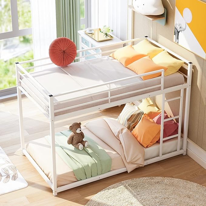 Twin Over Twin Metal Bunk Bed with Full-Length Guardrail,Low Bed Frame W/Ladder, Steel,No Noise,Bedroom Furniture for Children,Teens Adults,White