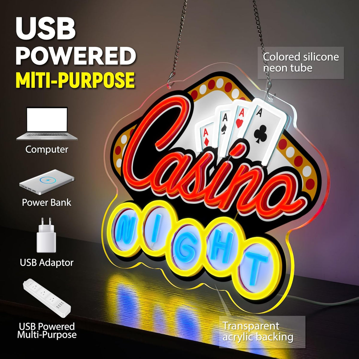 Casino Night Neon Sign for Wall Decor Casino Led Neon Light Dimmable Led Light Sign for Bar Casino Play Room Birthday Party Decor
