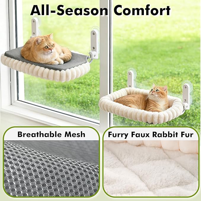 Cat Window Perch with Bolster, Cordless Foldable Cat Window Hammock with Strong Suction Cups & Metal Frame, Machine Washable Pet Bed for Indoor Cats (White, Medium)