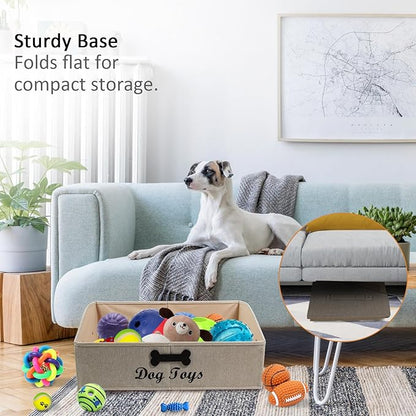 Large Dog Toy Basket Collapsible Dog Toy Box Fabric Trapezoid Dog Toy Bin Storage for organizing pet Toys/Blankets/leashes/Rope Toys/Clothing-Can be Personalized-KhakiStripe