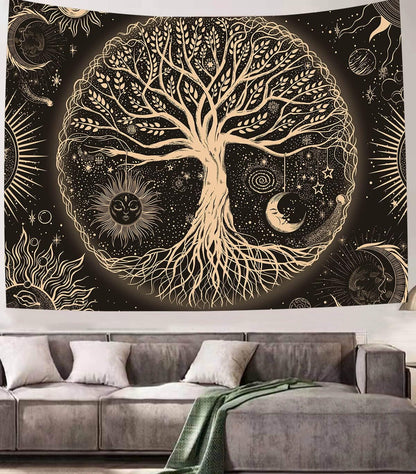 FORATER Tree of Life Tapestry Wall Hanging Sun Moon Stars Tapestries Aesthetic Galaxy Wall Tapestry Nature Home Decoration for Living Room Bedroom(36 x 48 Inch, Black and Gold)