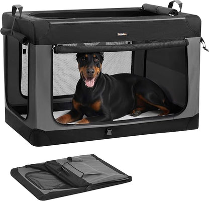 Feandrea Collapsible Dog Crate, Portable Oxford Fabric Pet Carrier, 48-Inch | For Extra Large Dogs, 4 Mesh Doors, Handles, Storage Pocket, Water Bottle Holder, Black and Gray BAX Collection UPDC022BH01